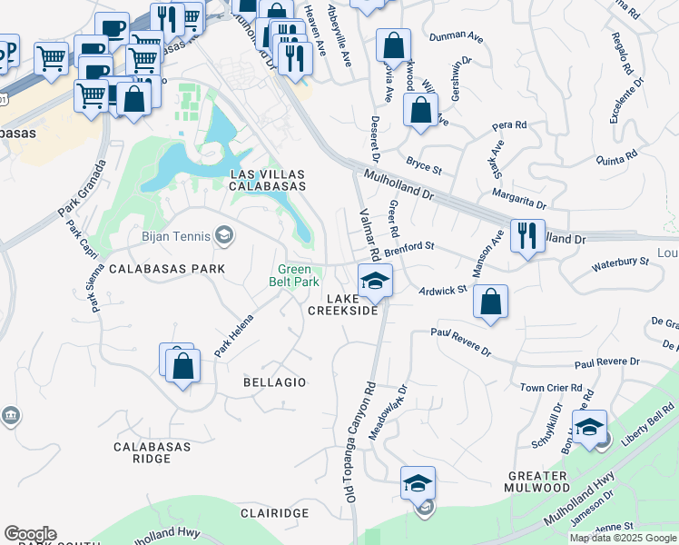 map of restaurants, bars, coffee shops, grocery stores, and more near 4392 Park Paloma in Calabasas