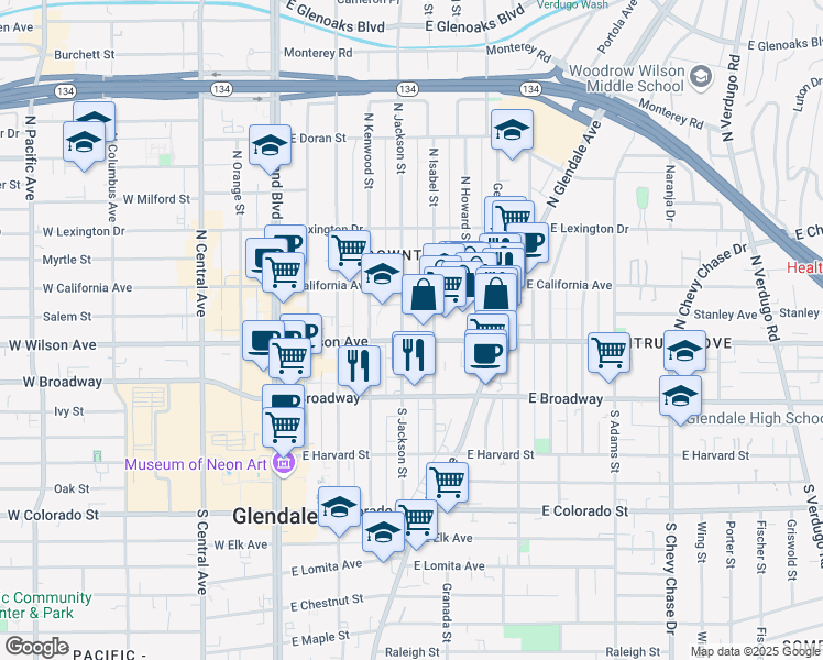 map of restaurants, bars, coffee shops, grocery stores, and more near 206 North Jackson Street in Glendale