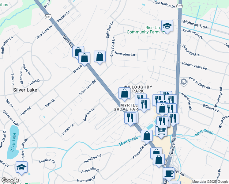 map of restaurants, bars, coffee shops, grocery stores, and more near 1401 Willoughby Park Court in Wilmington