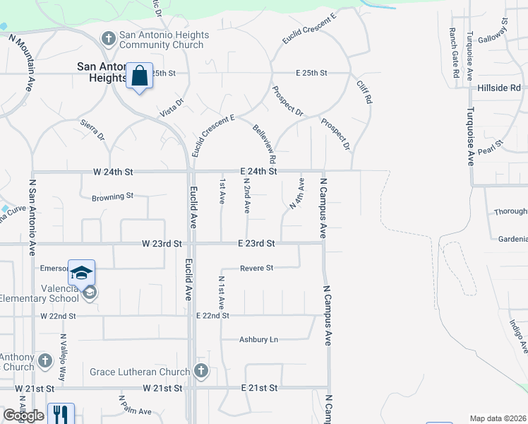 map of restaurants, bars, coffee shops, grocery stores, and more near 335 Paxton Court in Upland
