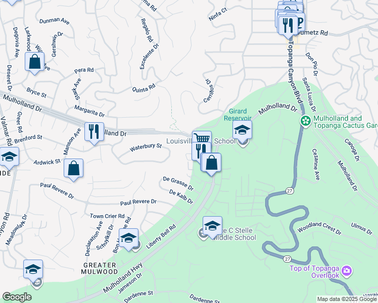map of restaurants, bars, coffee shops, grocery stores, and more near 4345 Freedom Drive in Calabasas