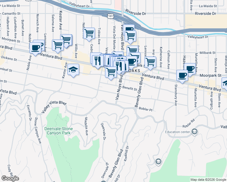 map of restaurants, bars, coffee shops, grocery stores, and more near 14530 Benefit Street in Los Angeles