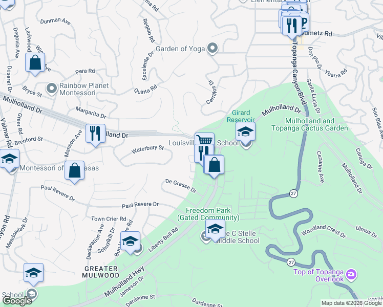 map of restaurants, bars, coffee shops, grocery stores, and more near 4345 Freedom Drive in Calabasas