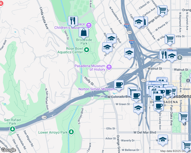 map of restaurants, bars, coffee shops, grocery stores, and more near in Pasadena