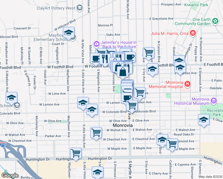 map of restaurants, bars, coffee shops, grocery stores, and more near 317 South Primrose Avenue in Monrovia