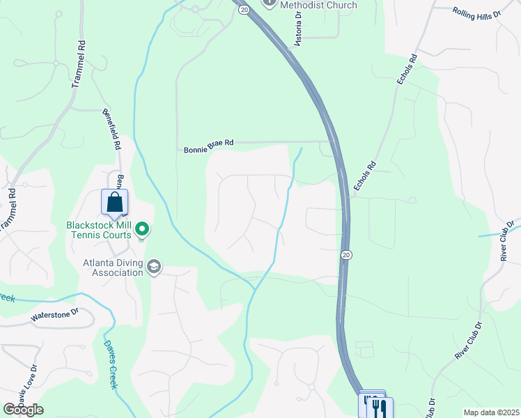 map of restaurants, bars, coffee shops, grocery stores, and more near 2665 Stratfield Drive in Cumming