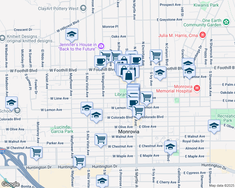 map of restaurants, bars, coffee shops, grocery stores, and more near 206 West Palm Avenue in Monrovia