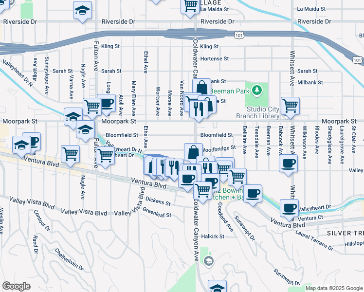 map of restaurants, bars, coffee shops, grocery stores, and more near 12918 Bloomfield Street in Los Angeles
