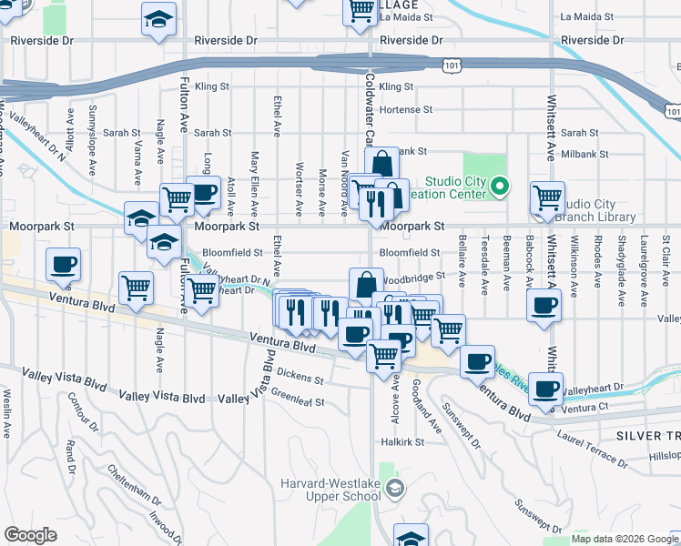 map of restaurants, bars, coffee shops, grocery stores, and more near 12937 Woodbridge Street in Los Angeles