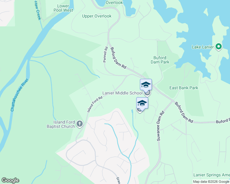 map of restaurants, bars, coffee shops, grocery stores, and more near 1047 Island Ford Road in Buford