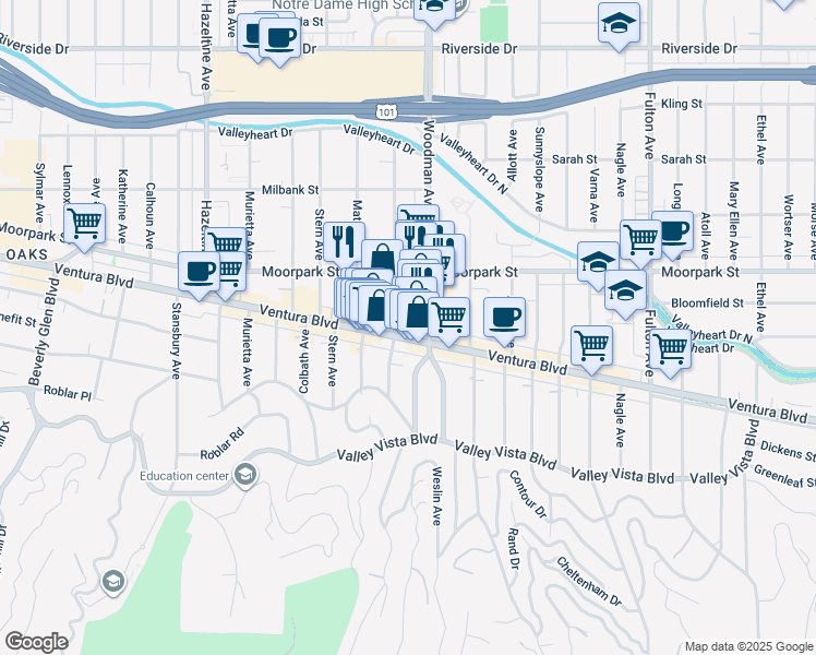 map of restaurants, bars, coffee shops, grocery stores, and more near 4324 Mammoth Avenue in Los Angeles