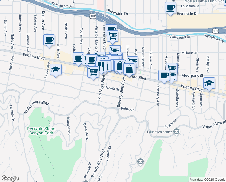 map of restaurants, bars, coffee shops, grocery stores, and more near 14430 Benefit Street in Los Angeles