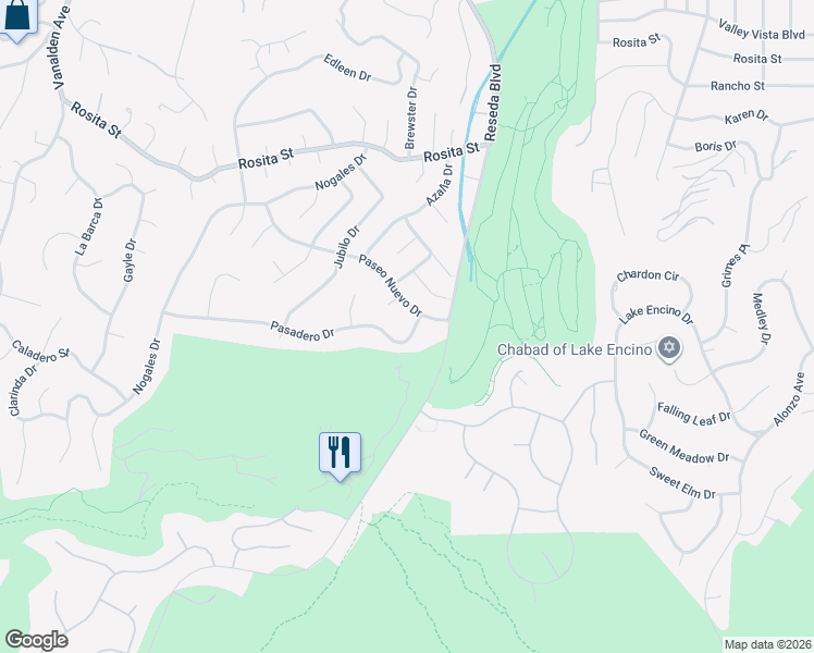 map of restaurants, bars, coffee shops, grocery stores, and more near 18645 Pasadero Drive in Los Angeles