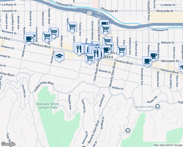 map of restaurants, bars, coffee shops, grocery stores, and more near 14519 Greenleaf Street in Los Angeles