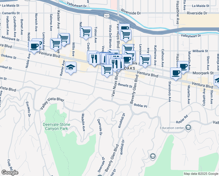 map of restaurants, bars, coffee shops, grocery stores, and more near 14519 Greenleaf Street in Los Angeles