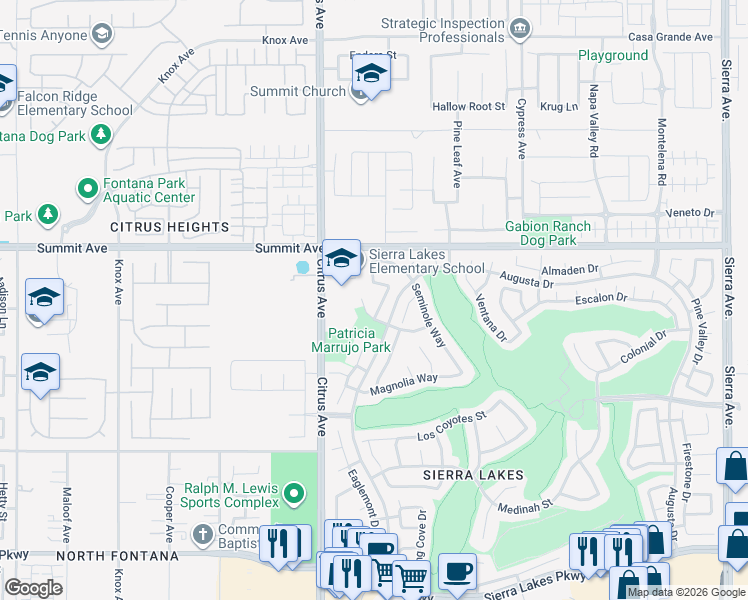 map of restaurants, bars, coffee shops, grocery stores, and more near 5808 Bota Raton Way in Fontana