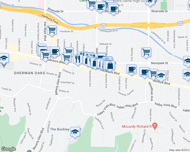 map of restaurants, bars, coffee shops, grocery stores, and more near 14101 Dickens Street in Los Angeles
