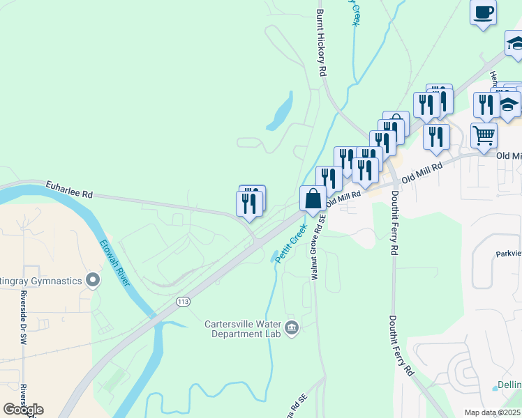map of restaurants, bars, coffee shops, grocery stores, and more near 0 Euharlee Road Southwest in Cartersville