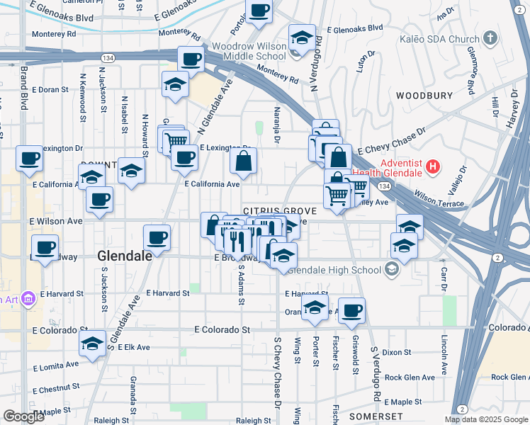 map of restaurants, bars, coffee shops, grocery stores, and more near 1126 Stanley Avenue in Glendale