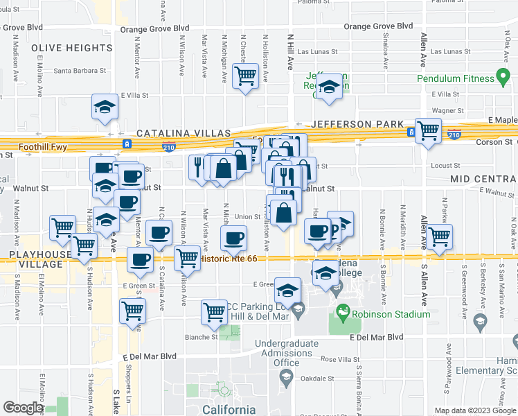 map of restaurants, bars, coffee shops, grocery stores, and more near 143 North Holliston Avenue in Pasadena