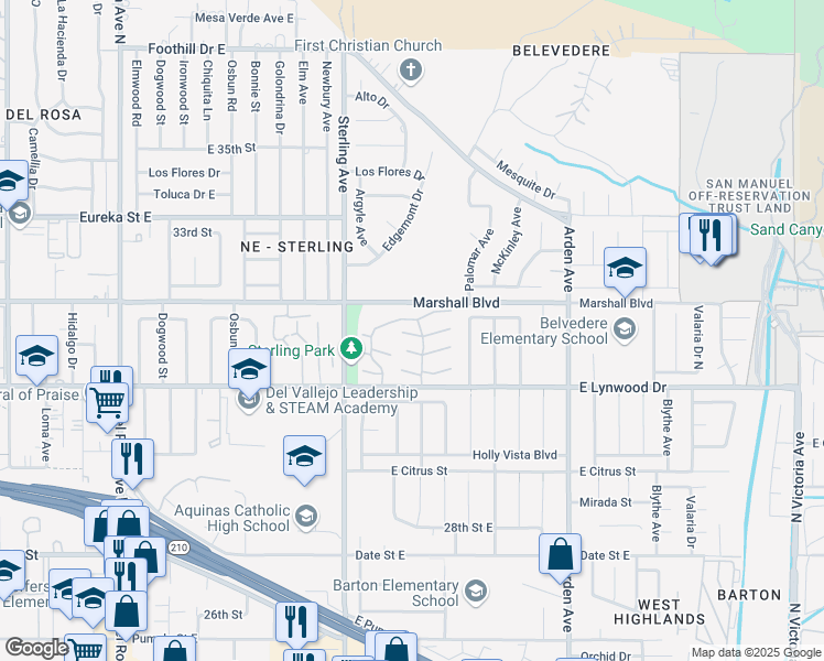 map of restaurants, bars, coffee shops, grocery stores, and more near 2120 Jacaranda Court in San Bernardino