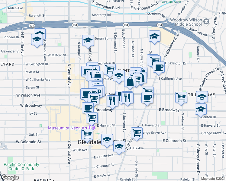 map of restaurants, bars, coffee shops, grocery stores, and more near 215 North Kenwood Street in Glendale