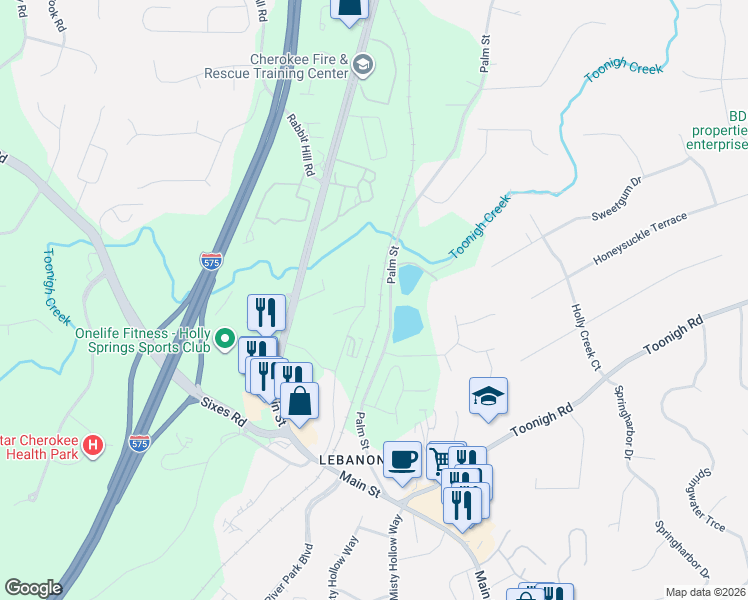 map of restaurants, bars, coffee shops, grocery stores, and more near 4639 Holly Springs Parkway in Canton