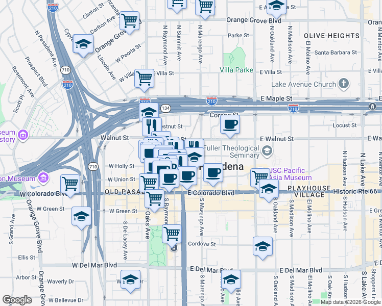 map of restaurants, bars, coffee shops, grocery stores, and more near 151 East Holly Street in Pasadena