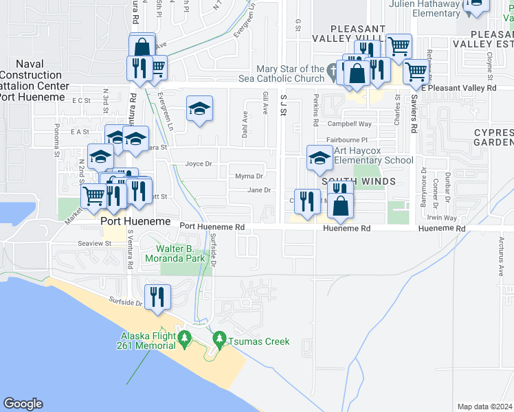 map of restaurants, bars, coffee shops, grocery stores, and more near 125 Ann Avenue in Port Hueneme
