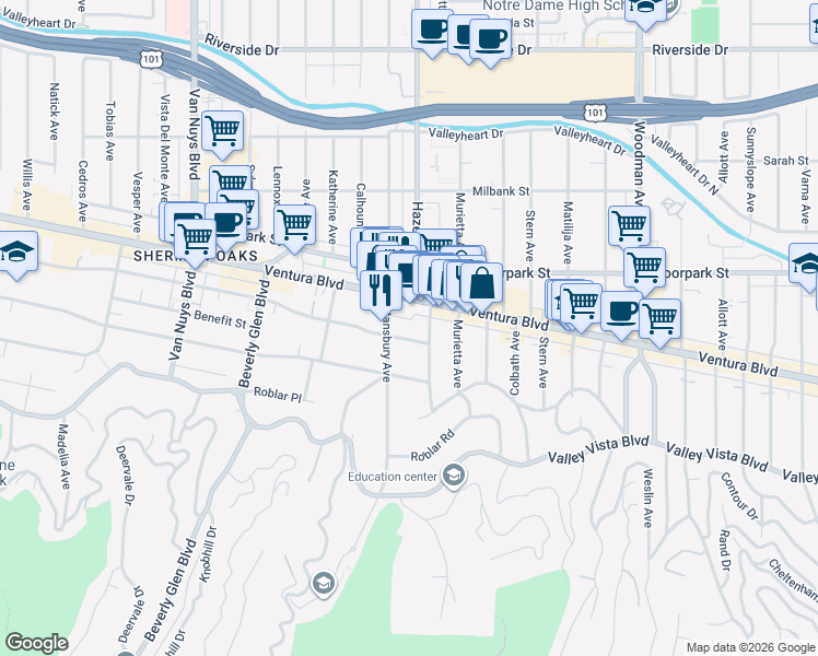 map of restaurants, bars, coffee shops, grocery stores, and more near 14101 Dickens Street in Los Angeles