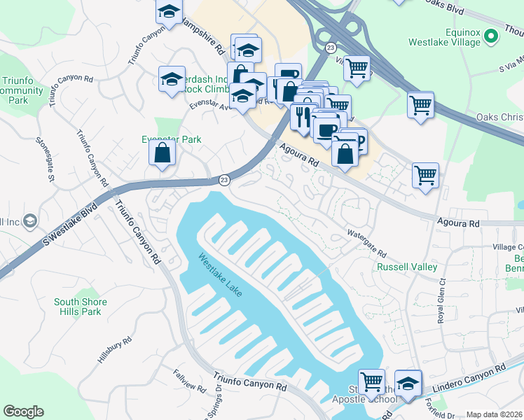 map of restaurants, bars, coffee shops, grocery stores, and more near 2600 Northshore Lane in Westlake Village