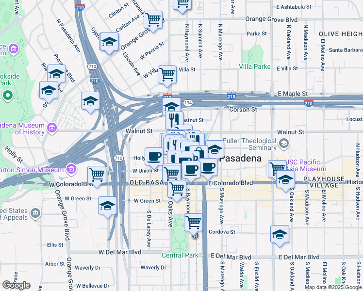 map of restaurants, bars, coffee shops, grocery stores, and more near 155 North Raymond Avenue in Pasadena