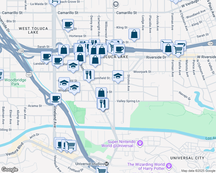 map of restaurants, bars, coffee shops, grocery stores, and more near 10618 Woodbridge Street in Los Angeles