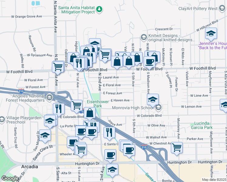 map of restaurants, bars, coffee shops, grocery stores, and more near 243 East Forest Avenue in Arcadia