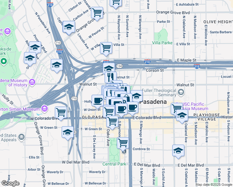 map of restaurants, bars, coffee shops, grocery stores, and more near 155 North Raymond Avenue in Pasadena