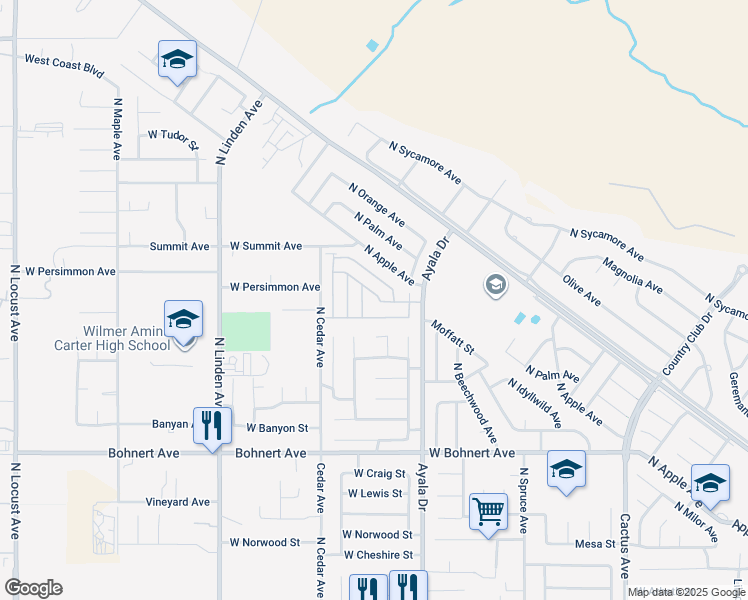 map of restaurants, bars, coffee shops, grocery stores, and more near 2598 Ayala Drive in Rialto