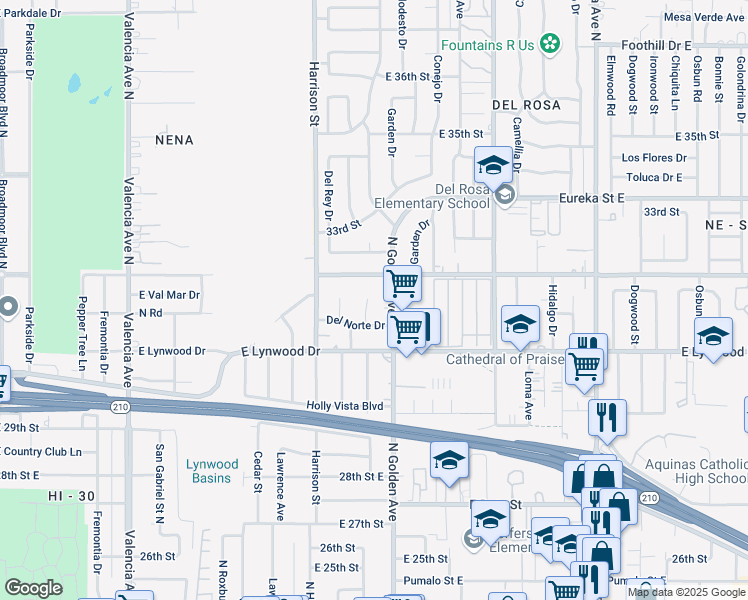 map of restaurants, bars, coffee shops, grocery stores, and more near 3165 Alameda Court in San Bernardino