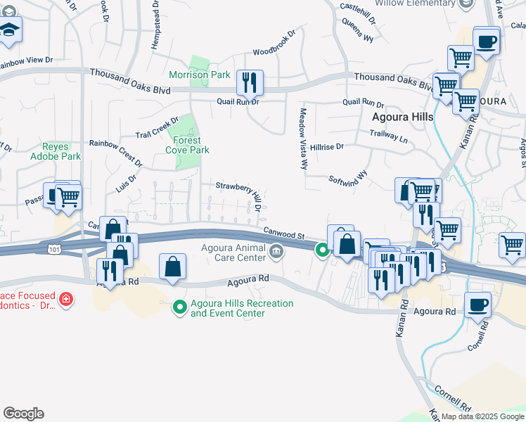 map of restaurants, bars, coffee shops, grocery stores, and more near 29623 Strawberry Hill Drive in Agoura Hills