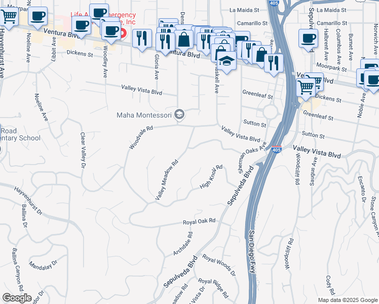 map of restaurants, bars, coffee shops, grocery stores, and more near 4266 Valley Meadow Road in Los Angeles