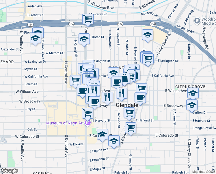 map of restaurants, bars, coffee shops, grocery stores, and more near 215 North Kenwood Street in Glendale