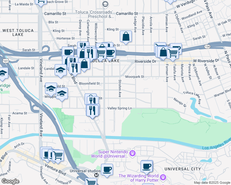 map of restaurants, bars, coffee shops, grocery stores, and more near 10518 Woodbridge Street in Los Angeles