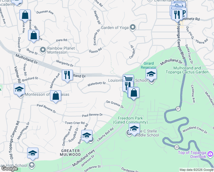 map of restaurants, bars, coffee shops, grocery stores, and more near 22548 Waterbury Street in Los Angeles