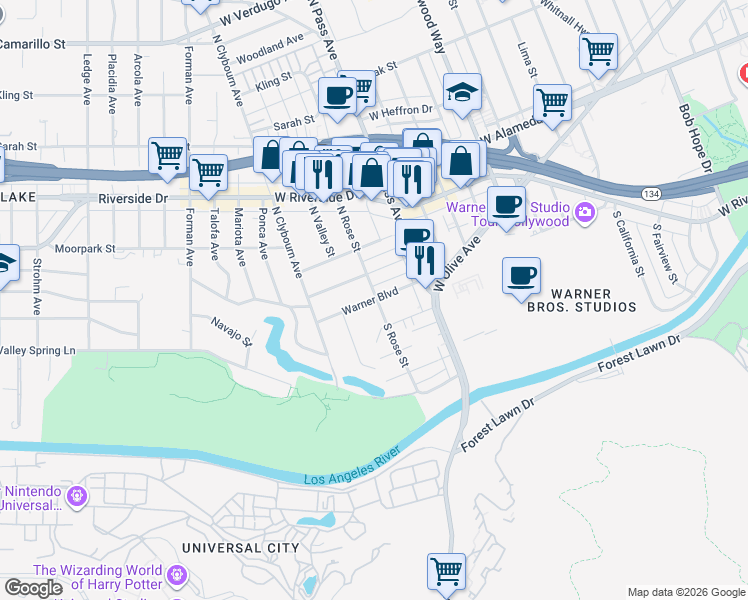 map of restaurants, bars, coffee shops, grocery stores, and more near 4121 West Toluca Lake Avenue in Burbank