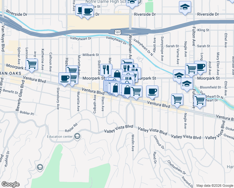 map of restaurants, bars, coffee shops, grocery stores, and more near 4324 Mammoth Avenue in Los Angeles