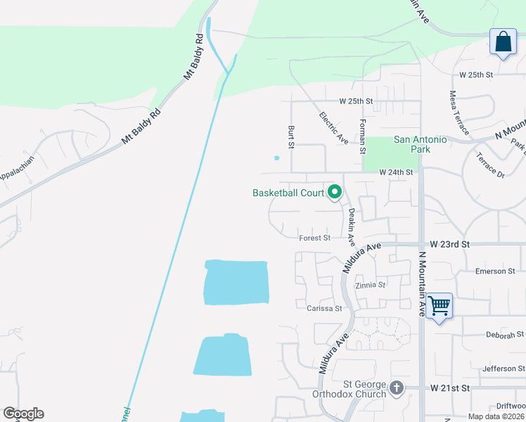 map of restaurants, bars, coffee shops, grocery stores, and more near 2345 Meadowglen Street in Upland