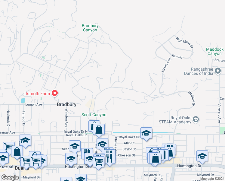 map of restaurants, bars, coffee shops, grocery stores, and more near 18 Woodlyn Lane in Bradbury