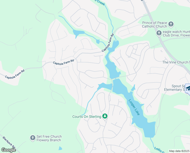 map of restaurants, bars, coffee shops, grocery stores, and more near 7224 Lake Sterling Boulevard in Flowery Branch