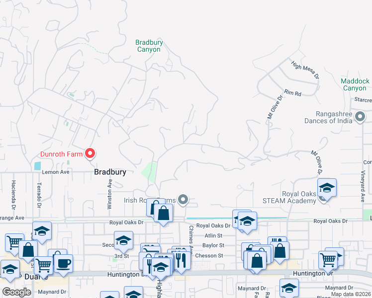 map of restaurants, bars, coffee shops, grocery stores, and more near 18 Woodlyn Lane in Bradbury