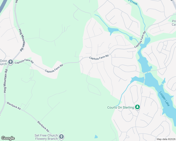map of restaurants, bars, coffee shops, grocery stores, and more near 6721 Capitola Farm Road in Flowery Branch