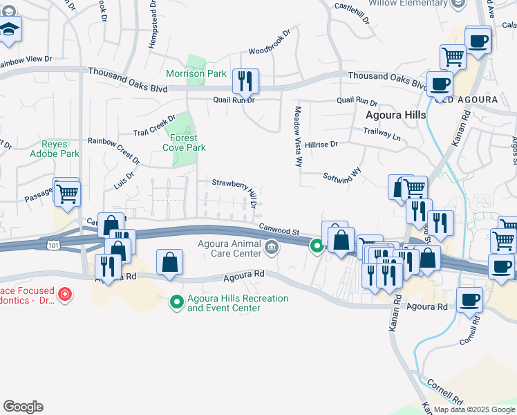 map of restaurants, bars, coffee shops, grocery stores, and more near 29623 Strawberry Hill Drive in Agoura Hills